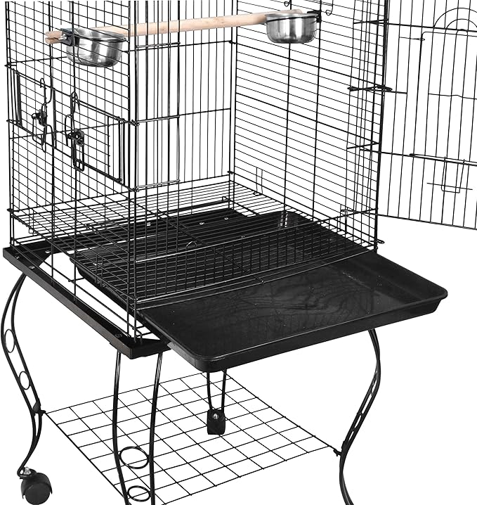 SUPER DEAL 63.5'' Rolling Bird Cage Large Wrought Iron Cage for Cockatiel Sun Conure Parakeet Finch Budgie Lovebird Canary Medium Pet House with Rolling Stand & Storage Shelf