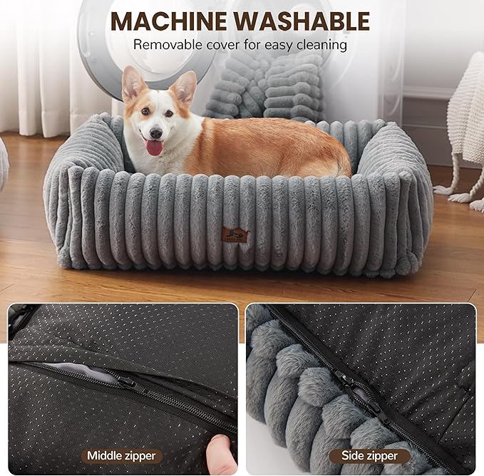 Washable Dog Bed for Small Medium Dogs - Rectangle Orthopedic Corduroy Fleece Pet Bed with Removable Cover and Nonskid Bottom, Calming Puppy Bed Soft Pet Sofa, Grey(35x25x9inchs)