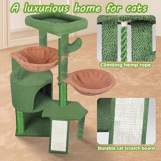 Wang Xin Three Layer Cat Tree with Cat Condo Scratch Pad and Two Hammocks,Green …