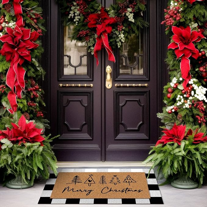 Tinideya 2 Pcs Door Mat Welcome Non Slip Coir Mats Floor Layering Doormats Seasonal for Front Porch Entryway Decor(Christmas)