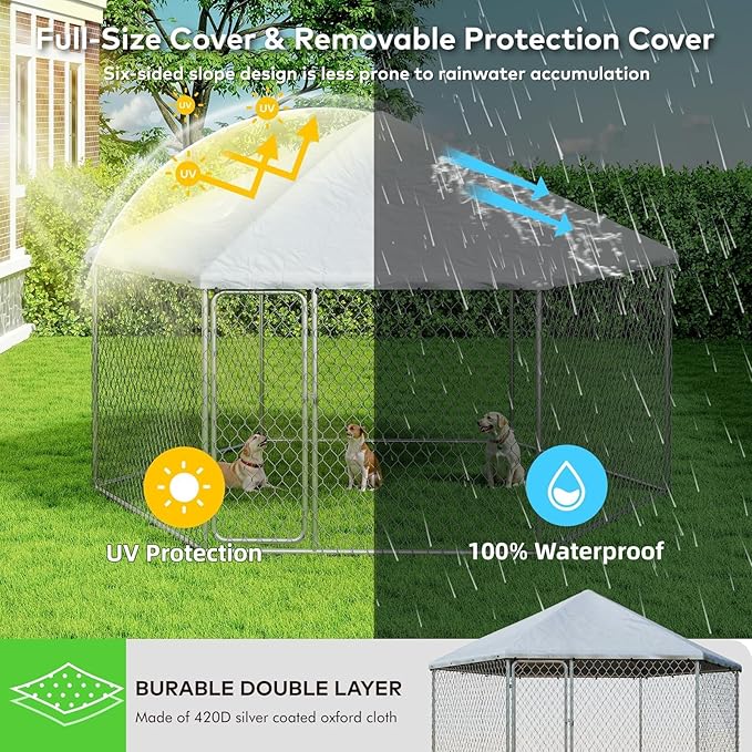 12x12 Outdoor Dog Kennel Outside Heavy Duty Dog Enclosure with Waterproof UV-Resistant Cover & Security Lock (149.6" L x 149.6" W x 95.3" H)