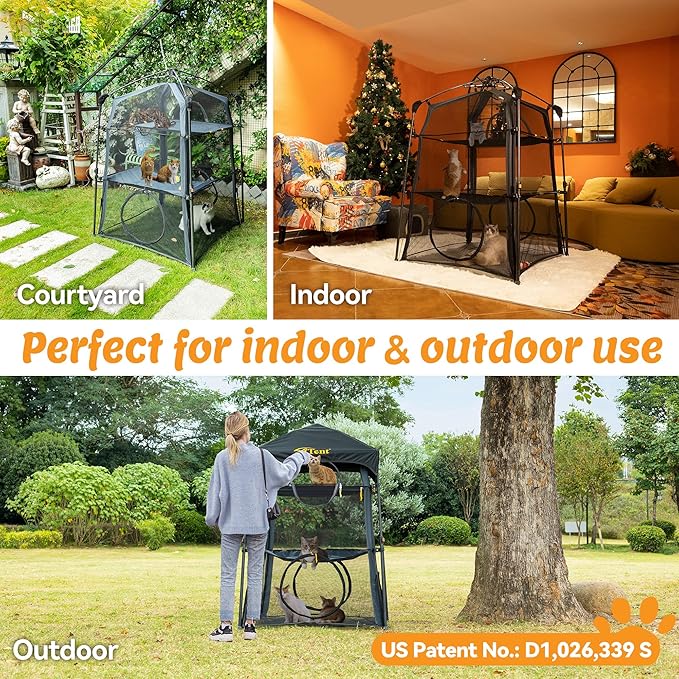 Instant 3-Tier Cat Catio Tent with 2 Interchangeable Covers (Scalloped Green + Black),X-Large Cat Enclosure for Indoor and Outdoor,3 Tier Cat Cage,Two Doors Design can Assemble More Shapes (Patented)