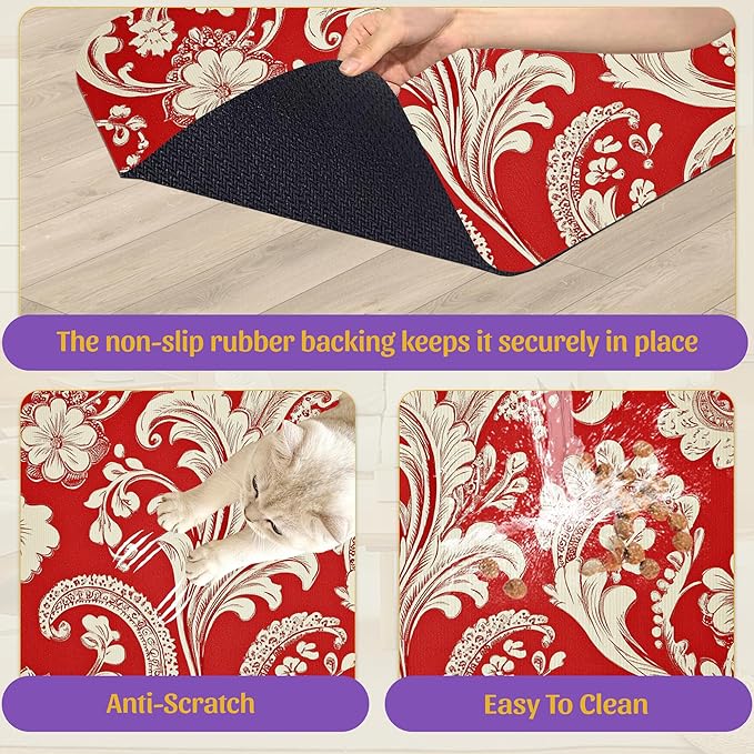Red White Paisley Pet Food Mat, Absorbent Feeding Pad for Dogs and Cats, Waterproof Anti-Slip Base – 16x24 Inch