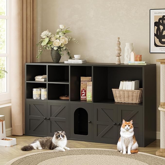 IRONCK Cat Litter Box Enclosure for 2 Cats, Litter Box Furniture Hidden with Double Room and Large Storage Space, Wooden Washroom Furniture, Cat House, Black