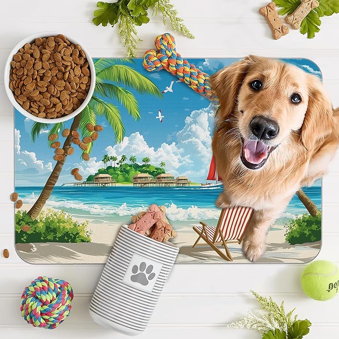 Tropical Beach Dog Food Mat for Floors,Hawaii Palm Tree Absorbent Quick-Dry Pet Feeding Mat,Cat Dog Bowl Mats for Food and Water,Non-Slip Pet Accessories Supplies 16"x24"