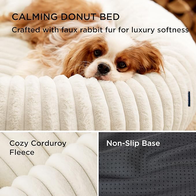Bedsure ComfyFleece™ Donut Medium Dog Bed - Washable Faux Fur with Corduroy Fleece & Anti Slip Bottom, Round Pet Bed with Removable Cover, Cream, 30x30x8 inches