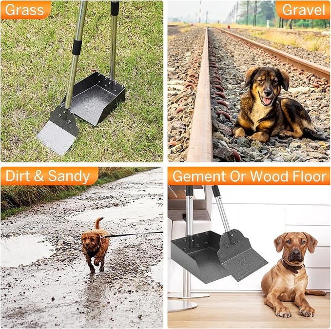 Pooper Scooper, Metal Aluminum Tray and Spade Poop Scoop Set with Adjustable Stainless Steel Long Handle, Pet Waste Removal Heavy Duty Poop Scooper (Tray&Spade, Small)