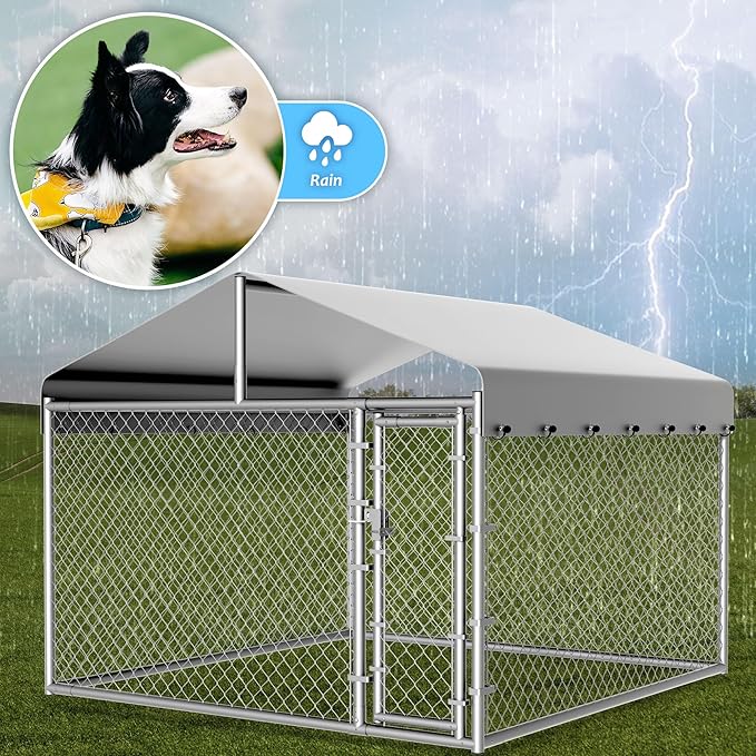 Dog Kennel Outside with Roof, Large Dog Run Enclosure, Outdoor Heavy Duty Pens House Pet Playpen with Galvanized Chain Link Waterproof Cover and Secure Lock(6.76'Lx6.76'Wx5.64'H)