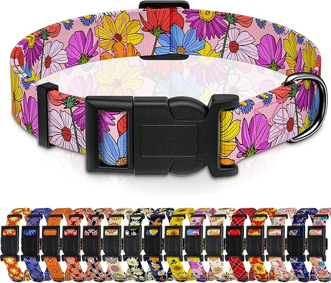 Dog Collar, Pink Floral Boys Girls Puppy Collar for Small Medium Large Dogs, Adjustable Soft Floral Pet Collar with Safety Buckle for Male Females(Pink Floral, M)