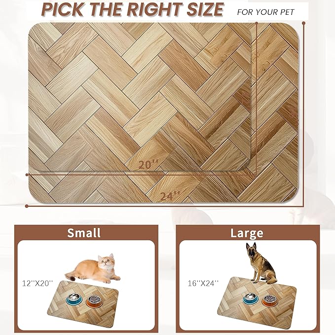 Vintage Wooden Dog Cat Food Mat,Boho Absorbent Pet Feeding Mat for Food and Water,Non-Slip Dog Bowl Mats Floor Protector 16"x24"