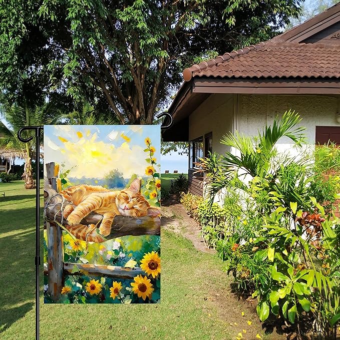 Spring Summer Garden Flag 12x18 inches Double Sided Sleeping Orange Tabby Cat Banner for Porch Yard Patio Spring Summer Home Decorations