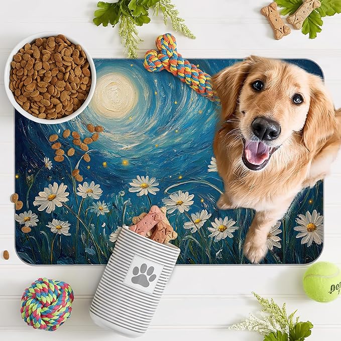 Starry Night Pet Feeding Mat,Moon Daisy Flower Absorbent Quick-Dry Cat Dog Food and Water Bowl Mats,Non-Slip Rubber Backing Mat,Cat Dog Accessories Supplies 12"x20"