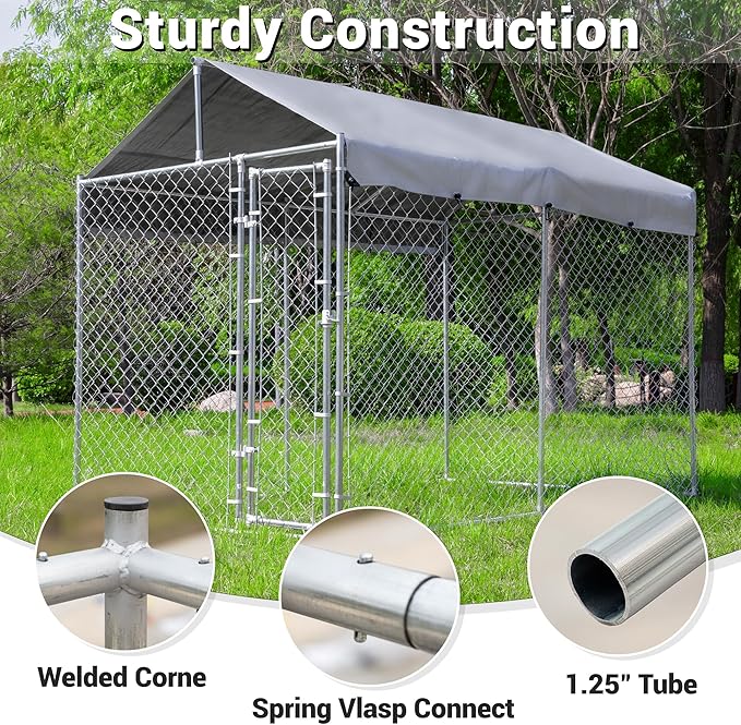 HITTITE Extra Large Outdoor Dog Kennel, Anti-Rust Dog Kennel Outside with Roof, Galvanized Chain Link Dog Runs for Outside with Waterproof UV-Resistant Cover and Secure Lock