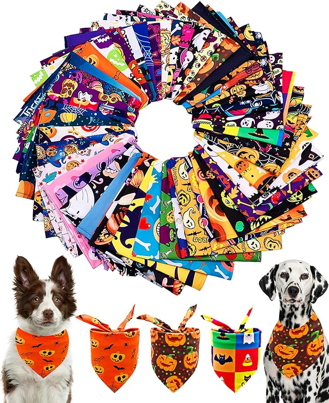 PET SHOW 50 Pack Halloween Big Dog Bandanas Bulk XL Washable Triangle Bibs for Medium Large Dogs Girl Boy Ghost Pumpkin Kerchief Set Pet Scarves Holiday Grooming Accessories