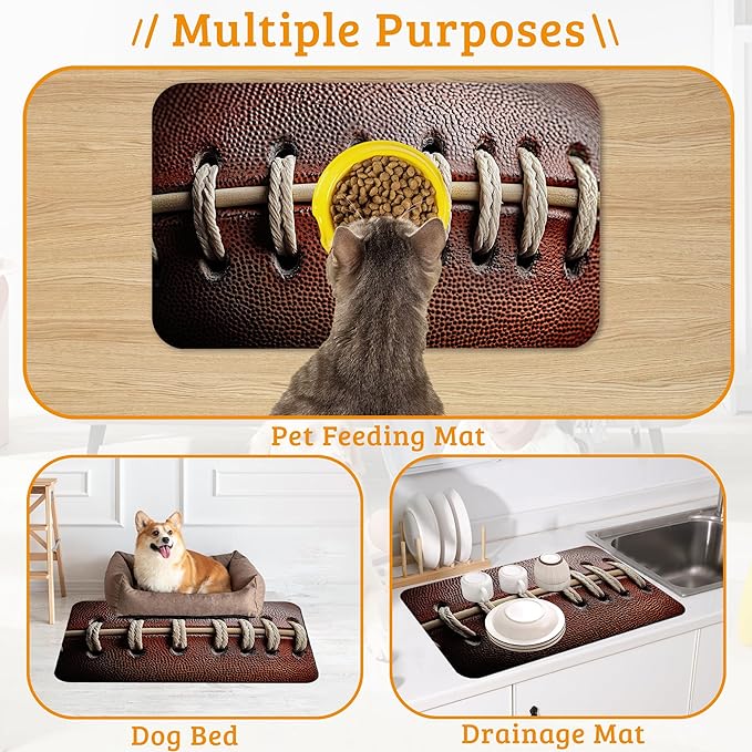 Football Texture Feeding Mat,Laces Stripes Absorbent Quick-Dry Cat Dog Food and Water Bowl Mats,Non-Slip Rubber Backing Mat,Cat Dog Accessories Supplies 12" x 20"