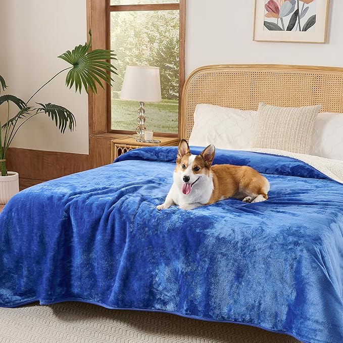 Sunheir Waterproof Blanket for Twin Size Bed - 80"x60" Soft Reversible Sherpa Fleece Flannel Dog Blankets for Large Dogs, Pet Blanket for Bed, Couch, Soft Plush Furniture Protector, Blue