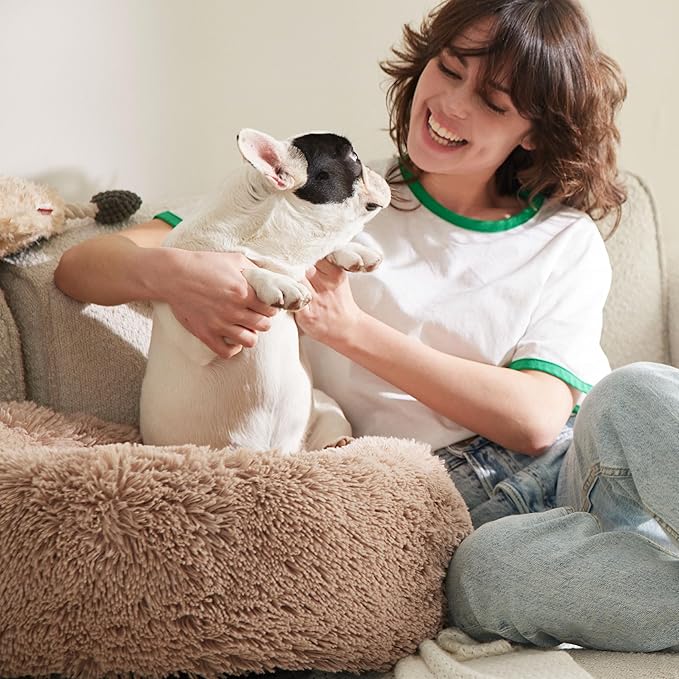 Bedsure Calming Dog Beds Large Sized Dog - Donut Washable Large Pet Bed, 36 inches Anti-Slip Round Fluffy Plush Faux Fur Dogs Bed, Fits up to 80 lbs Pets, Camel