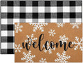 Tinideya 2 Pcs Winter Door Mat Outdoor Snowflake Welcome Mats for Front Door Non Slip Winter Coir Doormat Layering Black White Check Rug for Outside Front Porch Entryway Decor