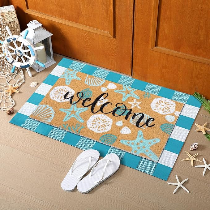 Tinideya 2 Pcs Summer Door Mat Coastal Beach Welcome Non Slip Coir Mats Sea Style Starfish Seashells Ocean Buffalo Plaid Floor Layering Doormats Seasonal for Front Porch Entryway Decor(Summer Beach)