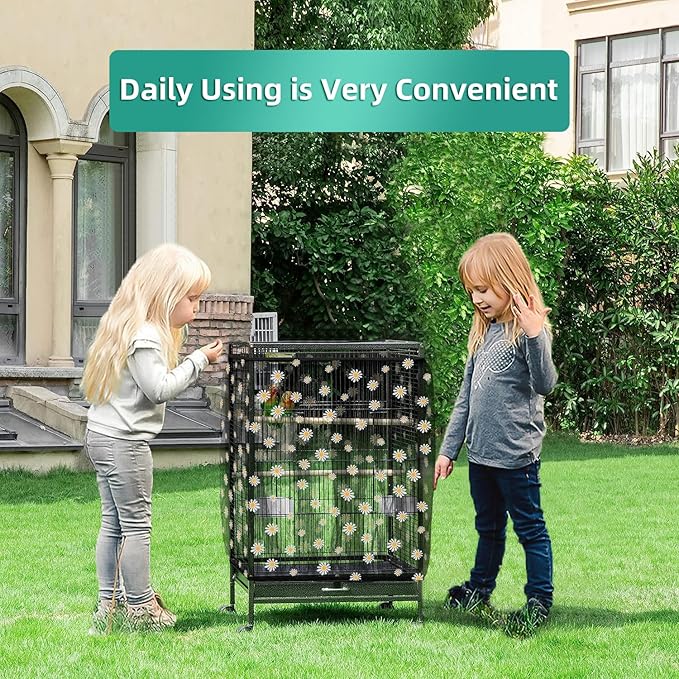 Bird Cage Seed Catcher, Seed Catcher Guard Net Cover, Parrot Nylon Mesh Net Cover, Universal Soft Airy Cage Net Stretchy Skirt for Round Square Cages (Daisy-Black, 15.7" x87")