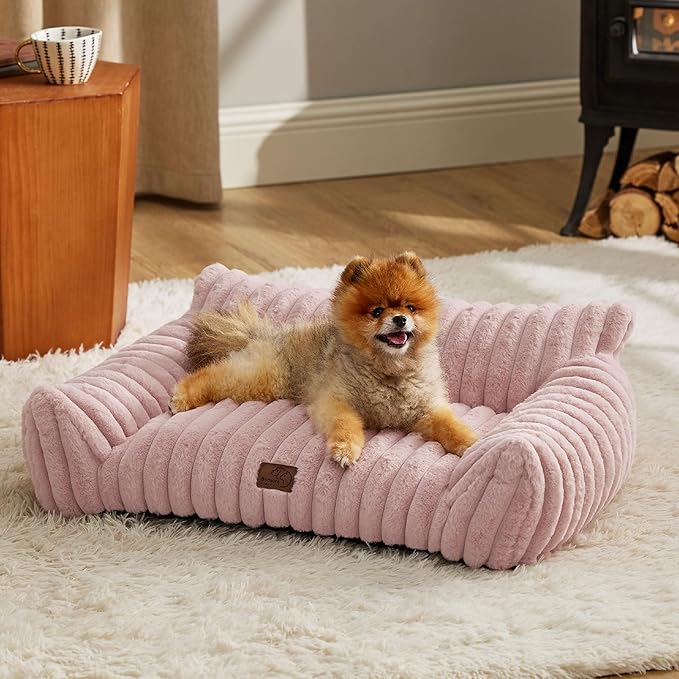 Bedsure ComfyFleece™ Cute Cat Couch for Pets - As Seen on TV on Good Day New York, Small Medium Dog Bed, Supportive Couch Bed for Small Dogs, 30 Inch, Blush Pink