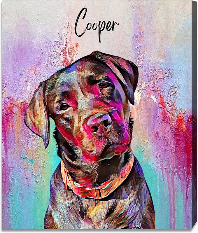 Julyly POD Custom Dog Portrait, Personalized Canvas Wall Art with Name, Whimsical Painting Decor, Pet Portrait from Photo, Cat Poster, Pet Memorial Gift, Birthday, Christmas Gift for Dog Lovers