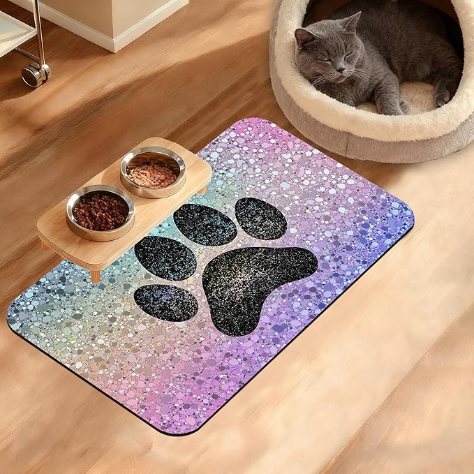 Pet Feeding Mat,Dog Paw Absorbent Dog Cat Food Mat Dog Mat with Rubber Backing,Non-Slip Water Bowl Placemat,Pet Supplies 12" x 20"