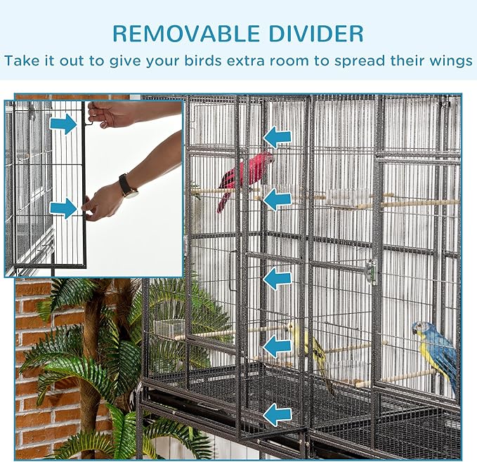 PawHut 65" Double Rolling Metal Bird Cage with Divider, Large Parrot Cage for Parakeet, Canaries, Lovebirds, Budgie, Finch, with Detachable Rolling Stand, Storage Shelf, Wood Perch & Food Container