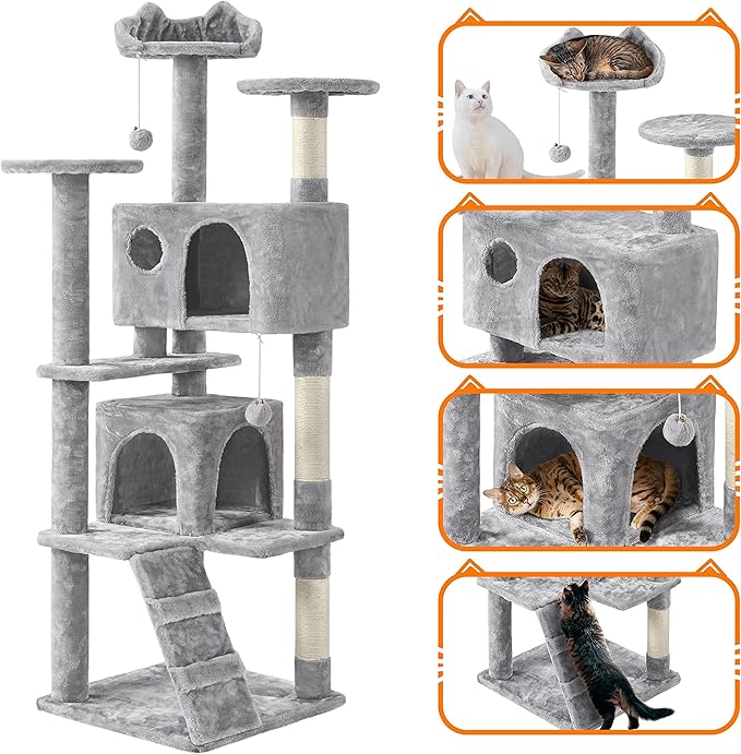 Yaheetech 62in Cat Tree Cat Tower for Indoor Kitty, Pet Furniture w/Double Condo, Scratching Posts, Multiple Platforms and Balls for Kittens, Light Gray