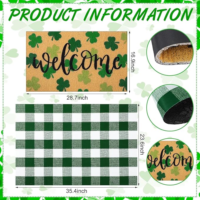 Tinideya 2 Pcs St. Patrick Day Door Mat Welcome Non Slip Coir Mats Clover Pattern Green White Plaid Floor Layering Doormats Seasonal for Front Porch Entryway Decor(st Patrick's Day)