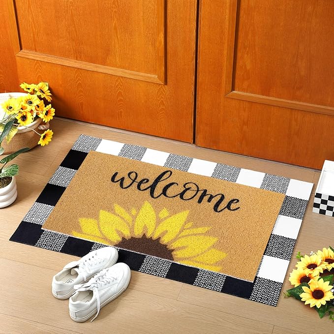 Tinideya 2 Pcs Summer Door Mat Sunflower Welcome Non Slip Coir Mats Floral Buffalo Plaid Floor Layering Doormats for Home Front Door Porch Entryway Decor