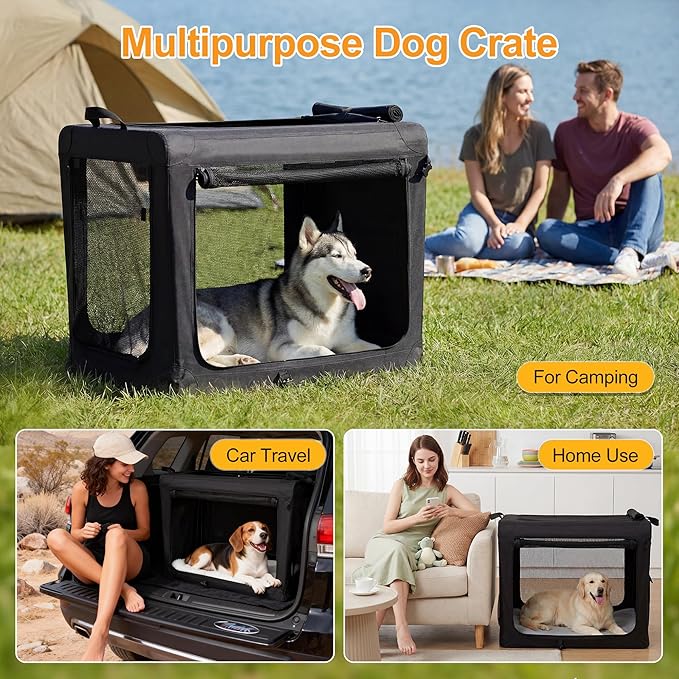 Dog Travel Crate 24 Inch, Portable Soft-Sided Travel Carriers for Dogs and Cats, Foldable Pet Kennel with 3-Doors Mesh Windows Indoor & Outdoor, Black