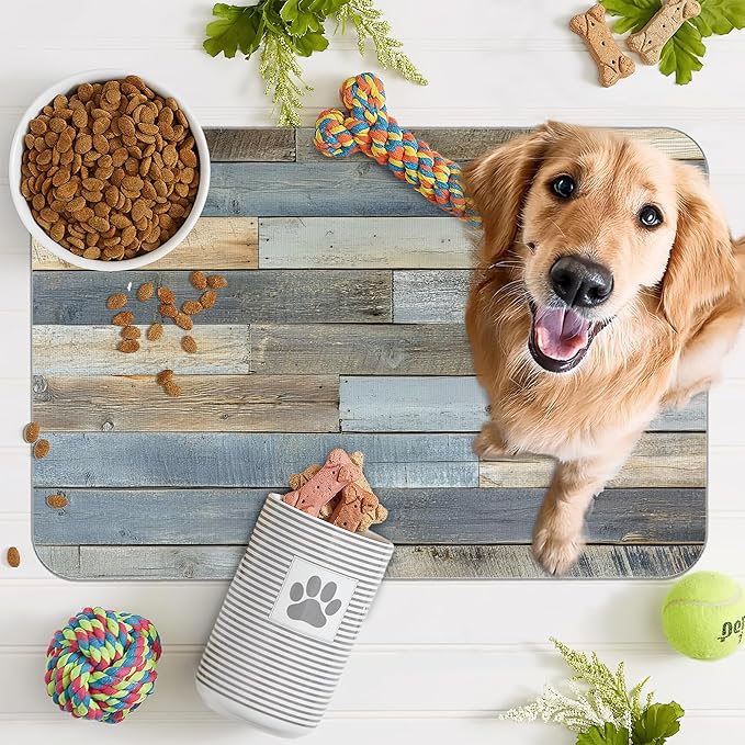 Vintage Barn Wooden Dog Cat Food Mat,Rustic Wood GrainAbsorbent Pet Feeding Mat for Food and Water,Non-Slip Dog Bowl Mats Floor Protector 12"x20"