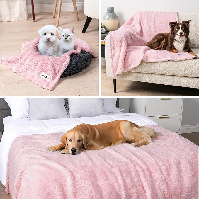 PetAmi Fluffy Waterproof Dog Blanket for Bed Large Dogs, Soft Warm Pet Sherpa Throw Pee Proof Couch Cover, Reversible Cat Blanket Sofa Crate Kennel Protector, Washable Mat Queen (Pink Blush, 90x90)