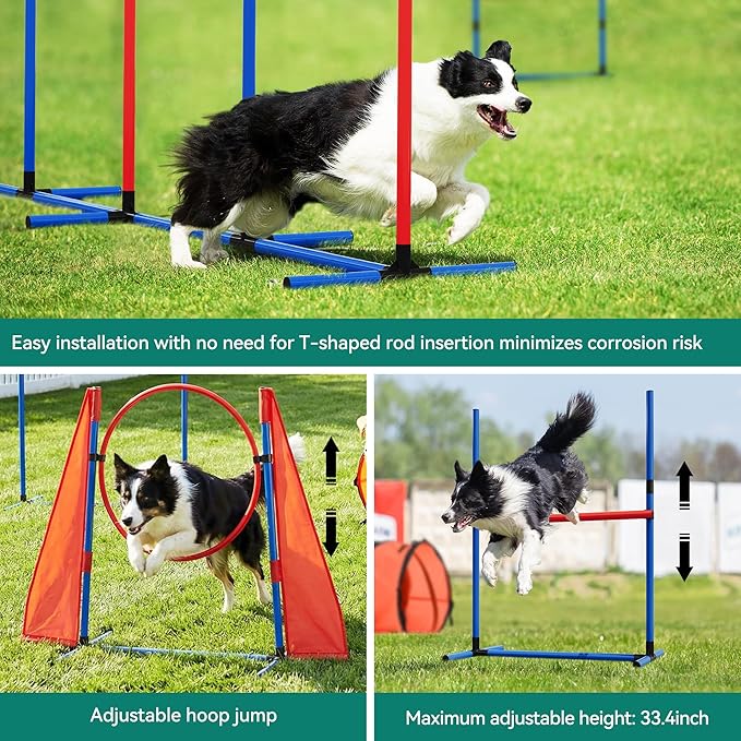 YITAHOME Dog Agility Training Equipment Set with Flexible Tunnel, Hurdle, Jump Ring, 6 Weave Poles, Pause Platform, Teaser Pole and Carry Bags for Indoors Outdoors, Orange/Blue