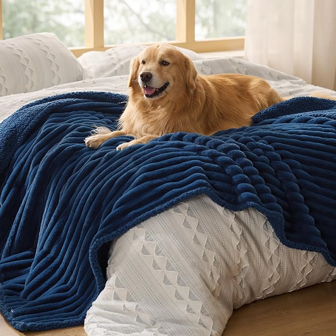 Bedsure ComfyFleece™ Waterproof Dog Blankets for Large Dogs - Soft Pet Cat Blanket Corduroy Fleece for Bed Protector Washable, Cozy Calming Reversible Furniture Protection,60"x80", Navy Blue