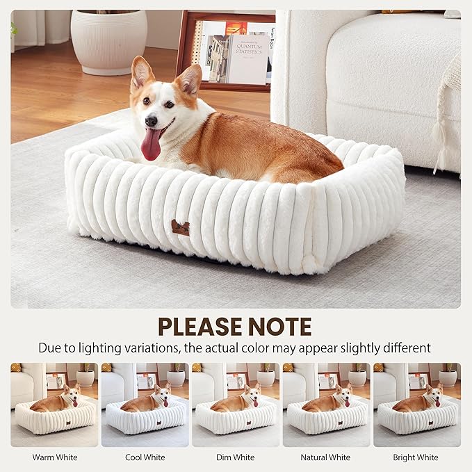 Washable Dog Bed for Small Medium Dogs - Rectangle Orthopedic Corduroy Fleece Pet Bed with Removable Cover and Nonskid Bottom, Calming Puppy Bed Soft Pet Sofa, Cream(30x24x8inchs)