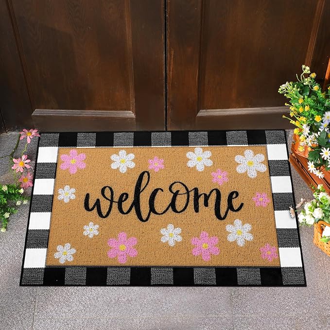 Tinideya 2 Pcs Spring Welcome Door Mat Outdoor Pink Flower Doormats for Front Door Non Slip Floral Layered Coir Mat Black White Check Spring Rug for Outside Front Porch Entryway Decor