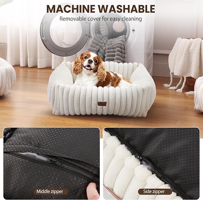 Washable Dog Bed for Small Medium Dogs - Rectangle Orthopedic Corduroy Fleece Pet Bed with Removable Cover and Nonskid Bottom, Calming Puppy Bed Soft Pet Sofa, Cream(25x21x7inchs)