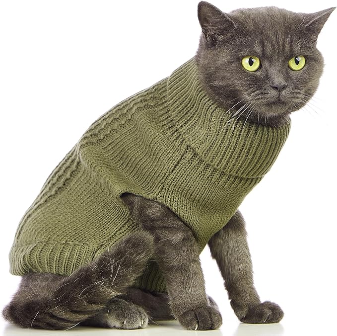 Stretchy Cat Sweater - 17 Colors & 6 Sizes | Snug Winter-Ready Knit for Boy/Girl Cats & Kittens(Olive Green, Large)