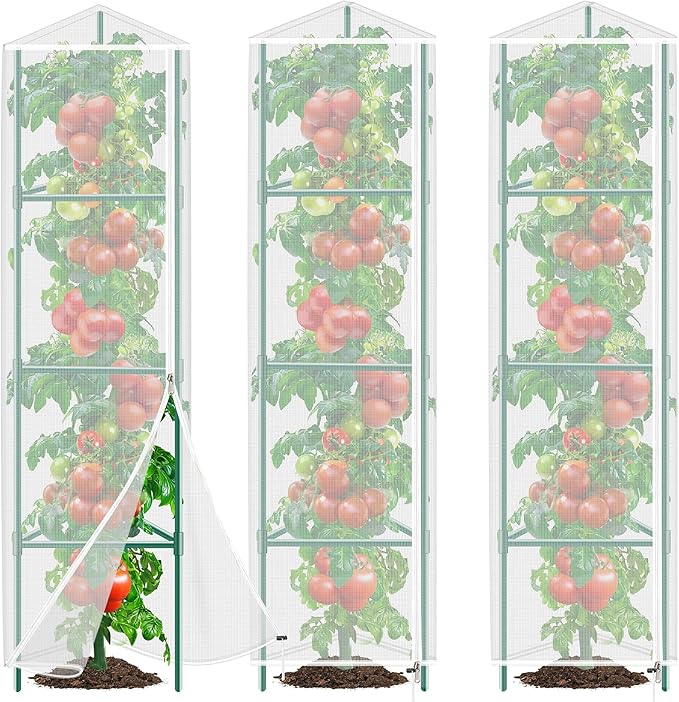 3 Pack Garden Bird Netting Plant Cover for Triangle Tomato Cage, 48"x13" Insect Bird Barrier Tomato Cage Net with Zipper & Drawstring, Tomato Trellis Netting Protection Cover for Protecting Plants