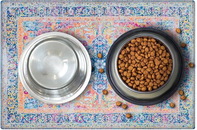 LOVEWAG Waterproof 2-Pack Pet Feeding Mats - 16" x 24" Premium Cat & Dog Food Mat - Non-Slip, Machine Washable Food Mat Protects Floors & Contains Water Bowl Spills - Place Mats (Marmalade Sunshine)