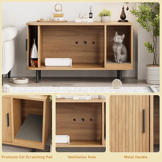 Cat Litter Box Enclosure with Cat Scratch Pad, Sliding Door, 37.4" Litter Box Enclosure Furniture Hidden Litter Box, Modern Indoor Cat House, TV Stand, Side End Table for Living Room, Natural