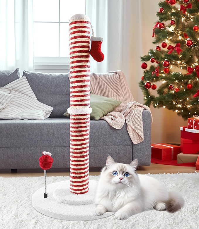 Christmas Cat Scratching Post,Christmas Cat Scratcher for Indoor Cats,Xmas Cat Tree Tower Activity Cat Play Center with Santa Danging Sock Toys and Gift Box