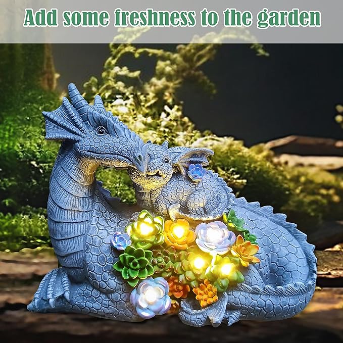 Dragon Solar Garden Statues Outdoor Decoration with Succulent and 6 LED Lights,Dragon Figurine Solar Lights Lawn Décor,Outside Statue Ornament for Patio, Balcony, Yard,Unique Gift for Mom