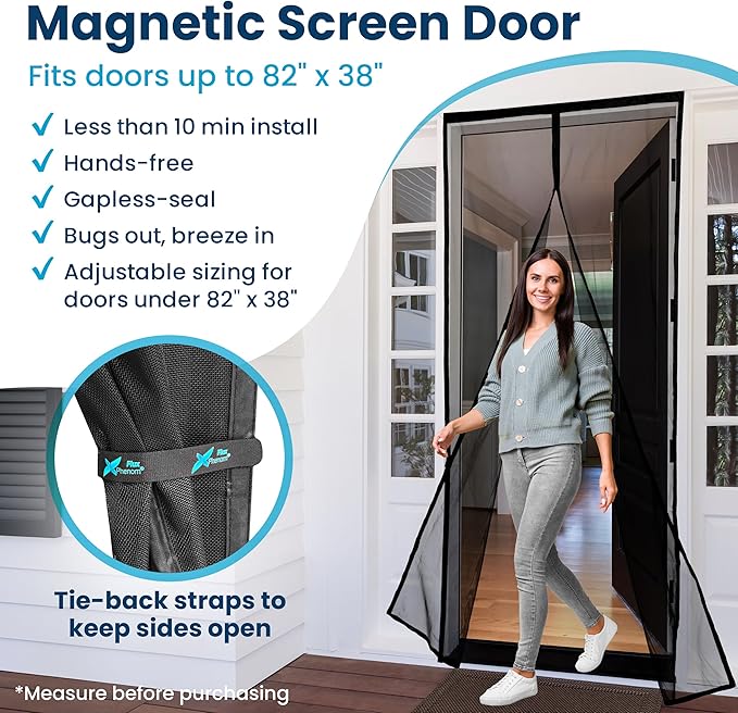 Flux Phenom Magnetic Screen Door - Bugs Out, Breeze in - 9min Install Auto-Sealing Heavy Duty Double Stitched Mesh, 52 Magnets, Hands Free Sliding & Patio Doors Net, Pet & Kid Friendly, 38 x 82 Inch