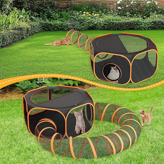 Cat Outdoor Enclosures Tunnel Playpen - Portable Playpen Indoor Collapsible Cats Enclosure with Shade Cover 2 Tunnels for Large Small Pets Animal Outside Catio Happy Travel Camping Back Yard