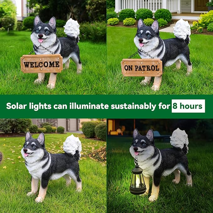 Akita Statue Outdoor Decorations – Outdoor Dog Statue Standing Black Akita with Removable Solar Light & Welcome Sign for Patio Décor