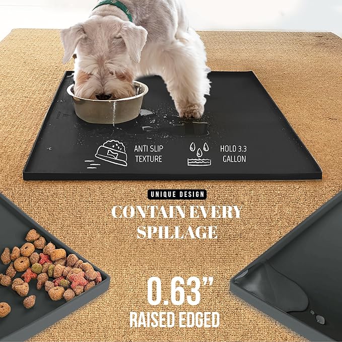 AVERYDAY 100% Waterproof Thicker Silicone Dog Food Mat, 0.63'' Raised Edge Bowl Mat for Food & Water, Non Slip Pet Feeding Placemat for Messy Drinkers, Perfect for Large Medium Small Breeds, 18"x10"
