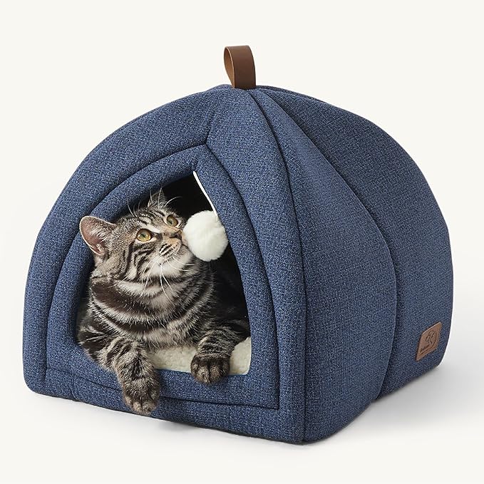 Bedsure Cat Beds for Indoor Cats - 2 in 1 Cat Cave House Tent for Kittens and Small Pets with Removable Washable Cushioned Pillow, Foldable Kitten Hideaway with Non-Slip Bottom, Navy, 16 inches